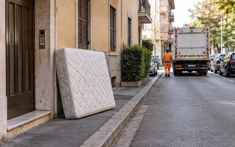 Un materasso appoggiato sul marciapiede vicino all'ingresso di un edificio mentre un mezzo di raccolta si trova sulla strada