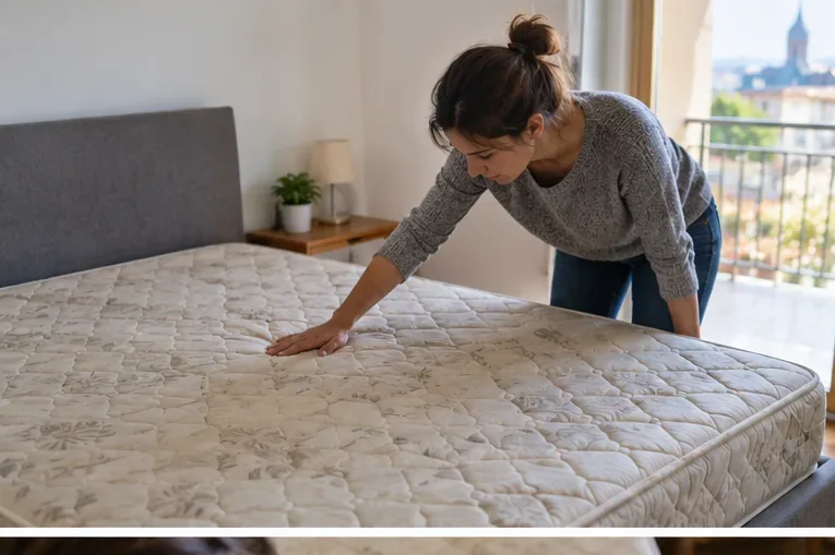 Una persona controlla le condizioni di un vecchio materasso in camera da letto prima di decidere come smaltirlo