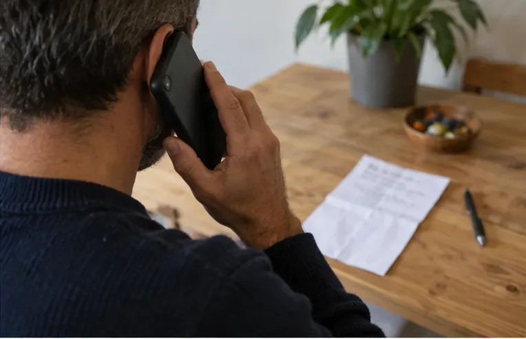 Una persona telefona al gestore del servizio ingombranti con un foglio su cui ha annotato i dati dell’abitazione