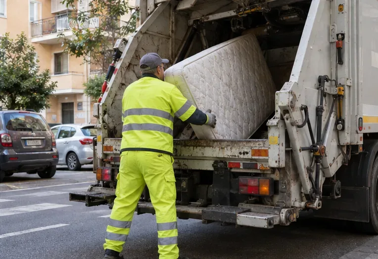 Un operatore in abbigliamento ad alta visibilità carica un materasso su un mezzo per la raccolta degli ingombranti