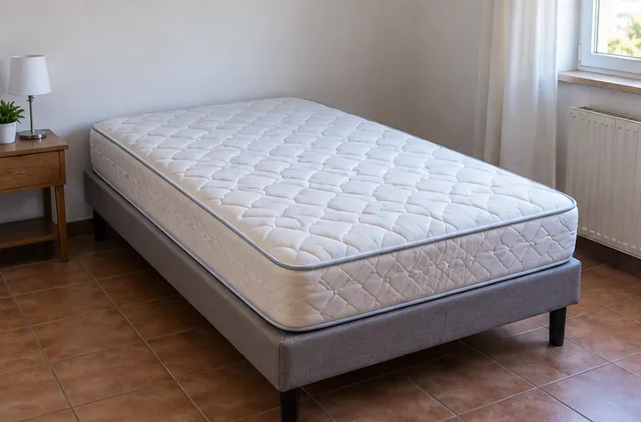 Materasso bianco senza lenzuola su una base letto grigia, in una camera con pavimento in cotto.
