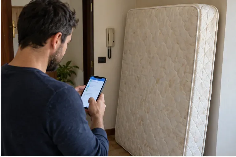 Persona che usa lo smartphone accanto a un materasso appoggiato in verticale dentro casa