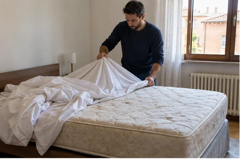 Persona che rimuove lenzuola e biancheria da un vecchio materasso matrimoniale in camera da letto