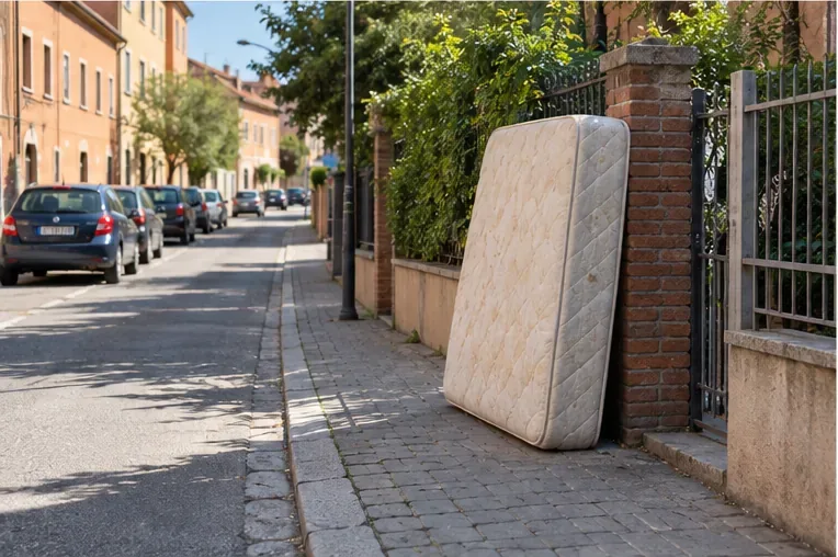 Materasso lasciato in piedi su un marciapiede residenziale vicino a una recinzione