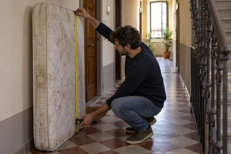 Un residente misura il materasso nel vano scale di un edificio fiorentino