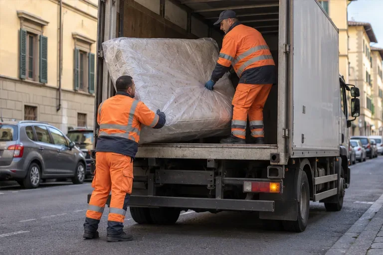 Due operatori caricano un materasso protetto su un veicolo per la raccolta