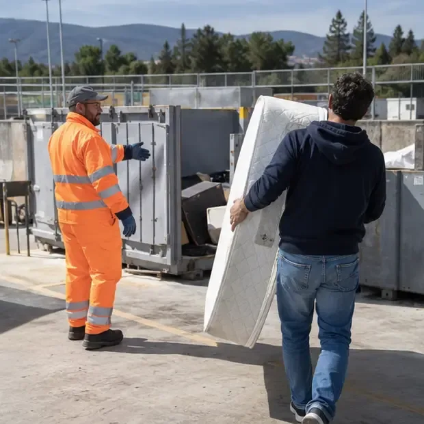 Un operatore in tuta arancione indica l’area di conferimento mentre un residente porta un materasso in un centro di raccolta
