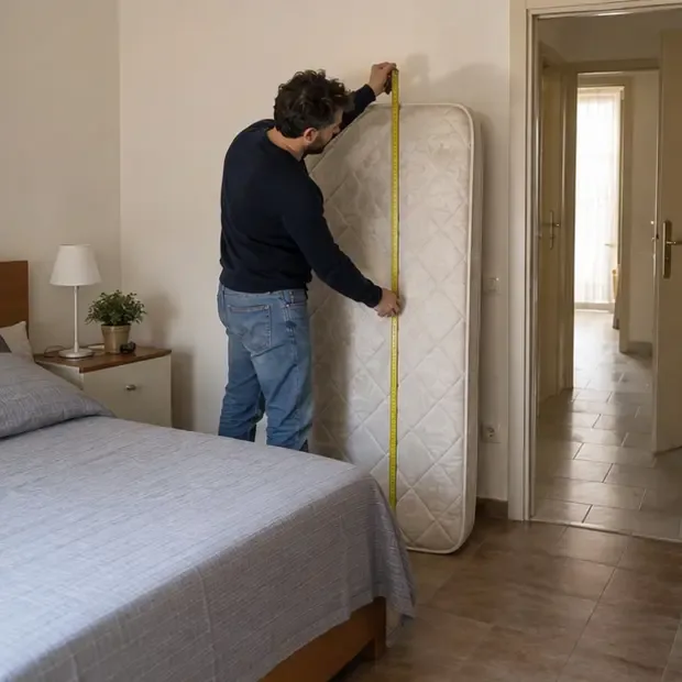 Un adulto misura con un metro un vecchio materasso appoggiato in verticale accanto al letto