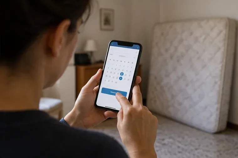 Persona che usa uno smartphone con un calendario aperto mentre un materasso è visibile nella stanza