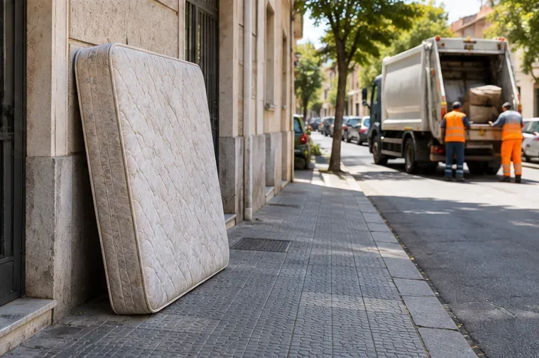 Materasso appoggiato vicino all’ingresso di un edificio mentre un mezzo di raccolta rifiuti con operatori è poco distante