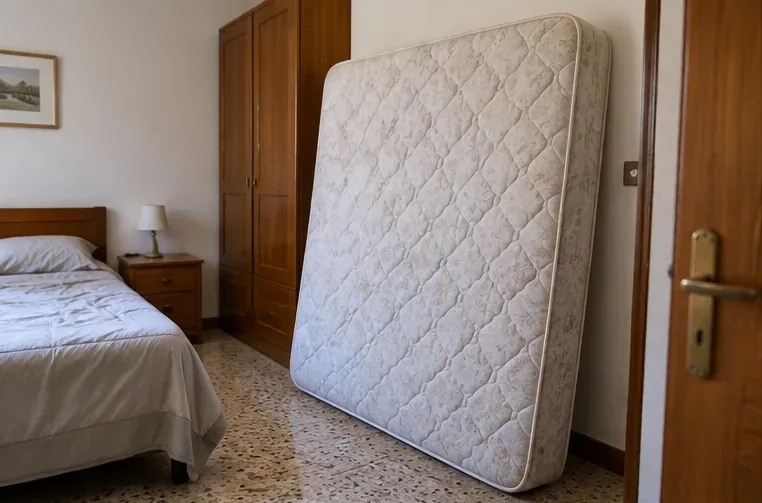 Materasso usato appoggiato in verticale dentro una camera da letto, pronto per essere preparato allo smaltimento