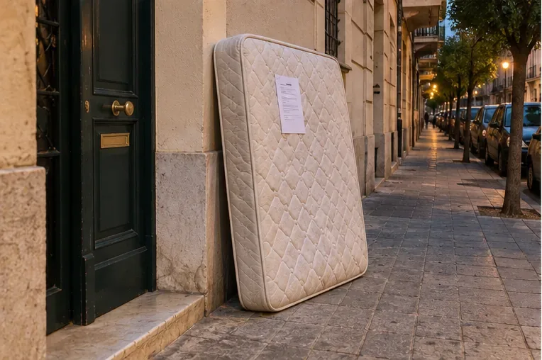 Un materasso con un foglio di prenotazione è esposto vicino all’ingresso di un edificio in orario serale