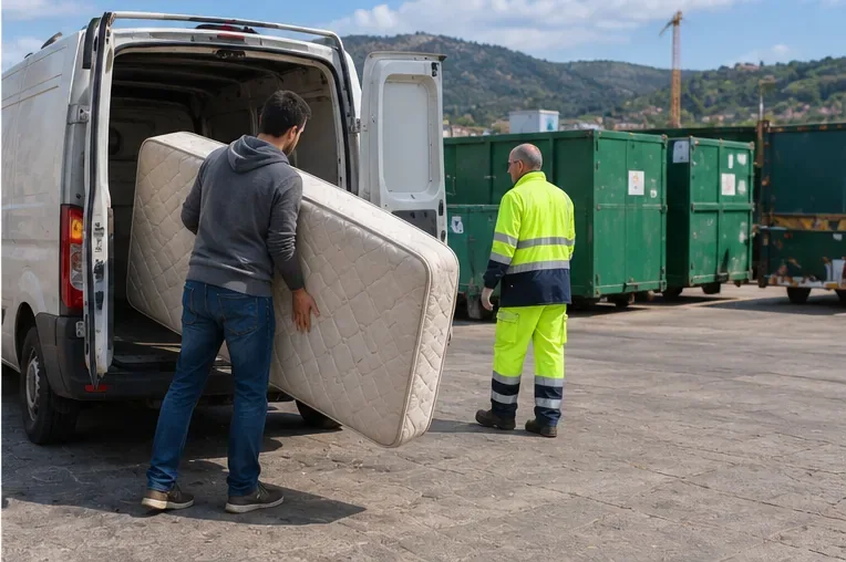 Una persona scarica un materasso da un furgone presso un centro di raccolta con un operatore in alta visibilità
