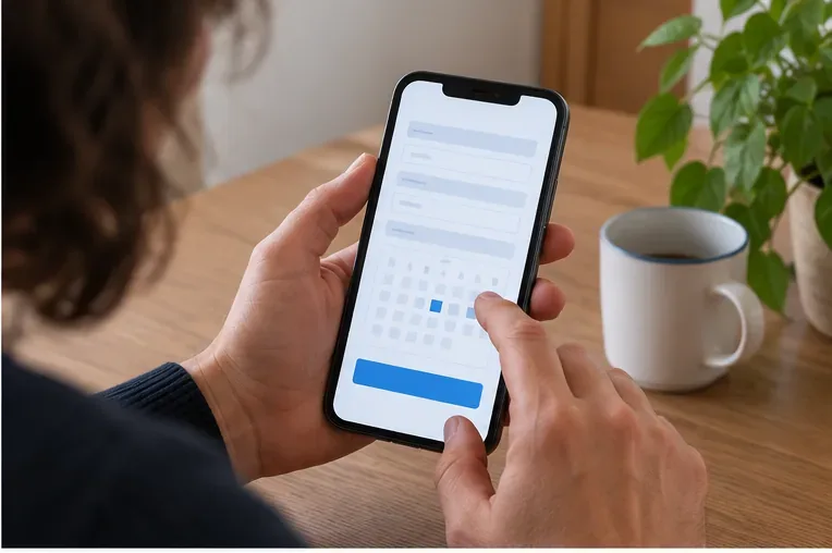 Una persona compila da smartphone un modulo di prenotazione con calendario