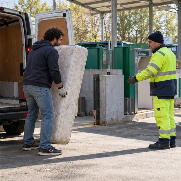 Un residente scarica un materasso da un furgone in un'area di conferimento sorvegliata, vicino a un addetto.