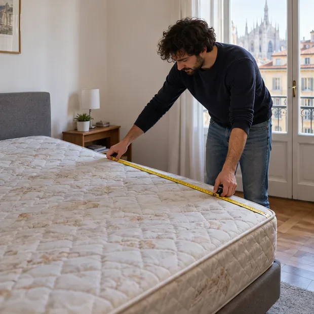 Una persona misura con il metro un materasso matrimoniale in una camera da letto prima di scegliere come smaltirlo.