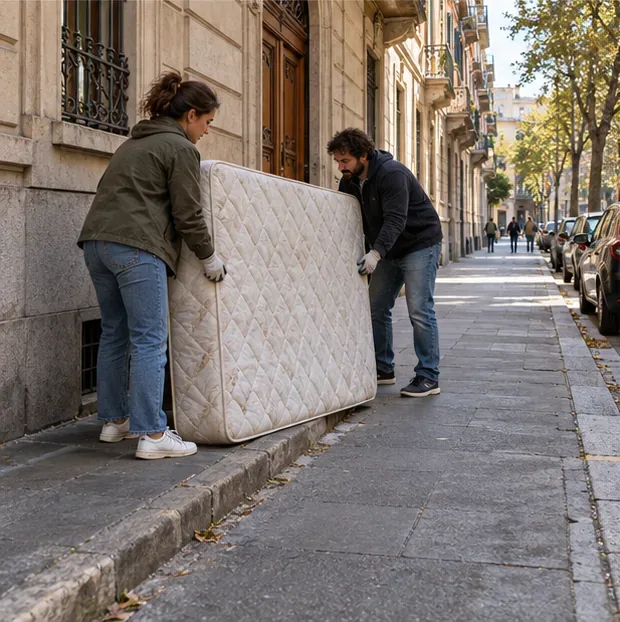 Due persone trasportano un materasso sul marciapiede davanti a un edificio, facendo attenzione allo spazio di passaggio.