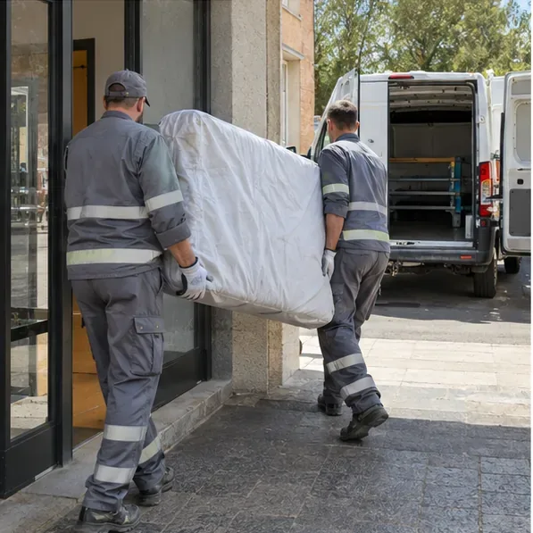 Due operatori in abbigliamento da lavoro trasportano un materasso verso un furgone di raccolta