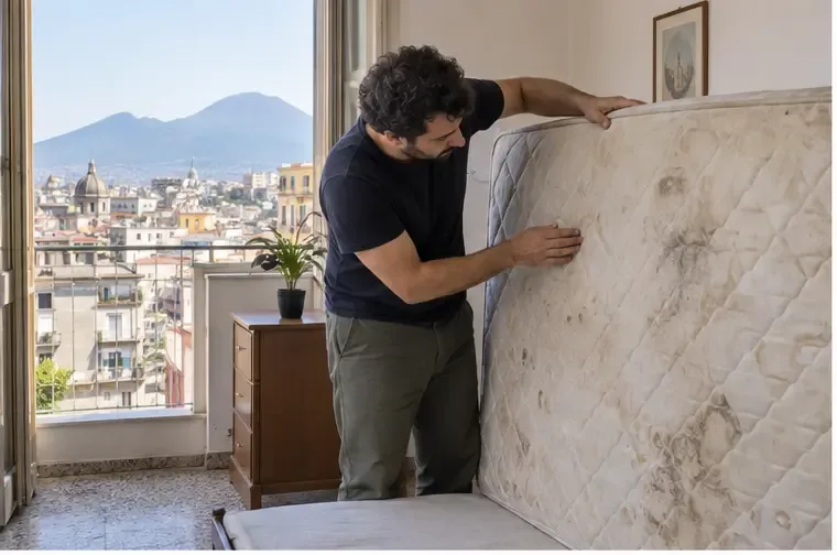 Un uomo controlla un vecchio materasso macchiato in una camera con vista urbana su Napoli