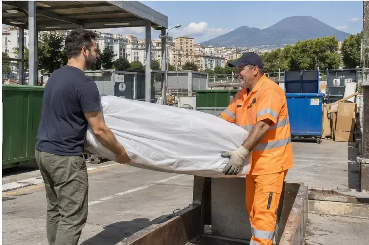 Un operatore in divisa riceve un materasso protetto in un’area di raccolta con contenitori