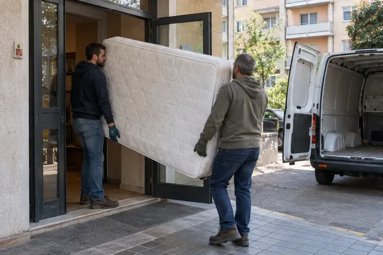 Due persone trasportano un materasso in verticale attraverso l’ingresso di un edificio verso un furgone parcheggiato.
