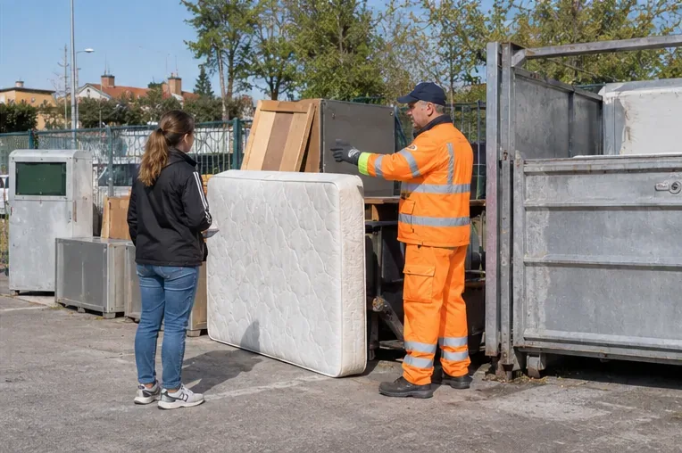 Un addetto in tuta ad alta visibilità indica a una residente dove collocare un materasso in un’area di raccolta temporanea.