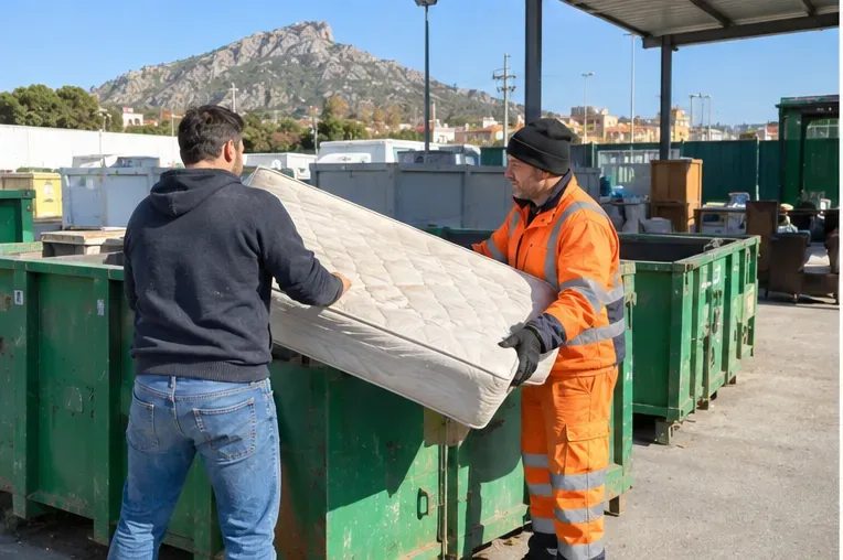 Un cittadino consegna un vecchio materasso a un addetto in un centro di raccolta con grandi cassoni verdi