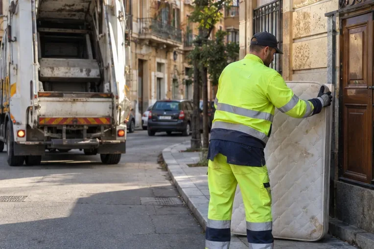 Un addetto alla raccolta maneggia un materasso vicino a un mezzo per rifiuti in una strada residenziale