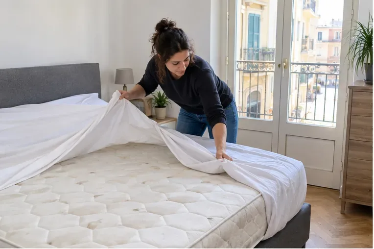 Una donna rimuove lenzuola e coprimaterasso da un vecchio materasso in una camera da letto
