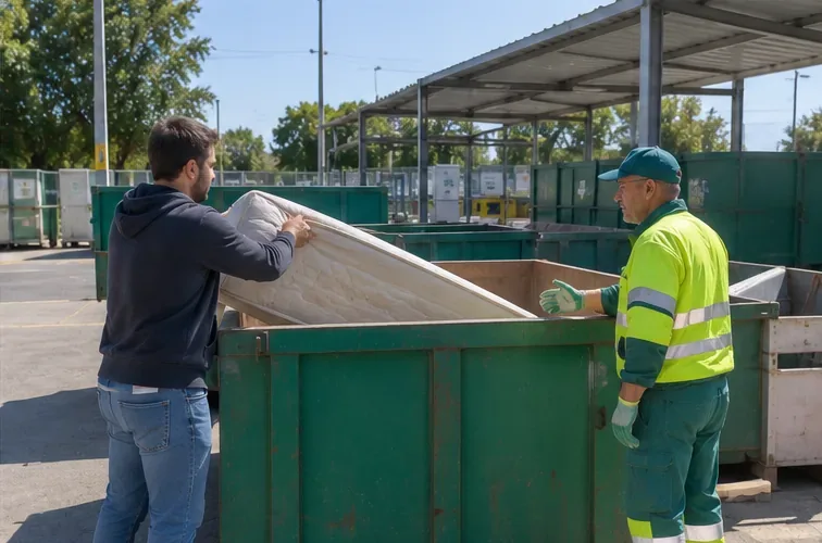 Un utente conferisce un materasso in un grande contenitore per ingombranti con l’assistenza di un operatore