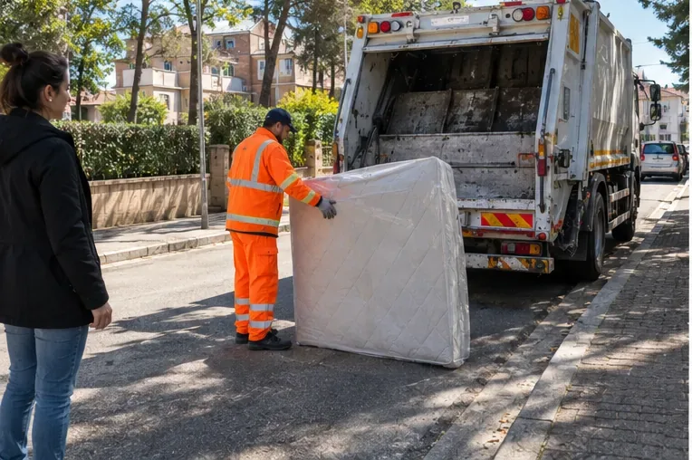 Un addetto al servizio di raccolta prende in carico un materasso accanto a un automezzo per rifiuti ingombranti