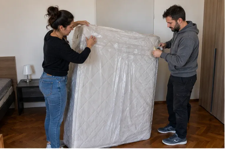 Due persone proteggono un materasso con un involucro prima di spostarlo dalla camera da letto
