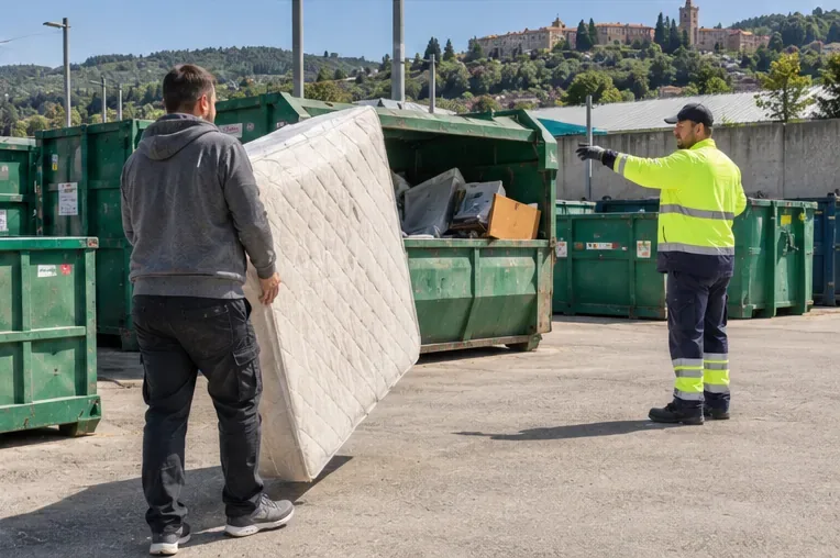 Una persona porta un materasso verso i cassoni di un centro di raccolta mentre un addetto indica l'area di conferimento