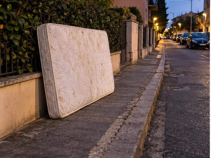 Un materasso collocato sul marciapiede in una strada residenziale in attesa del ritiro programmato