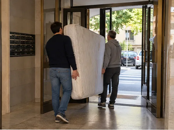 Due persone trasportano insieme un materasso attraverso l'ingresso di un edificio, mantenendolo sollevato e controllato