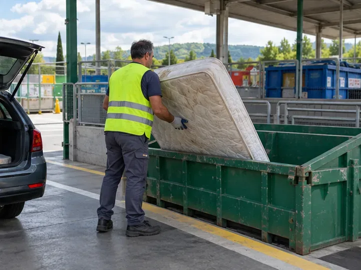 Un addetto con gilet ad alta visibilità deposita un materasso in un grande contenitore all'interno di un centro di raccolta