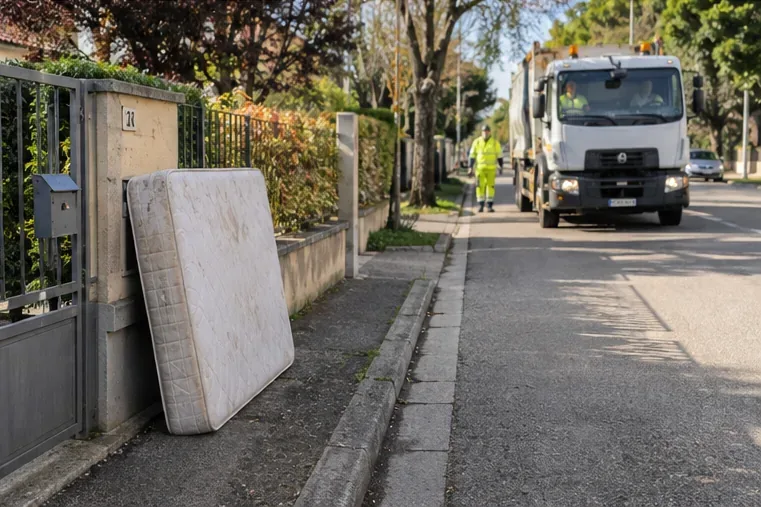 Un materasso posizionato vicino all'ingresso di una casa mentre un mezzo di raccolta si avvicina lungo la strada