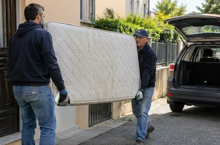 Due persone trasportano un materasso verso un'auto per portarlo a una stazione ecologica