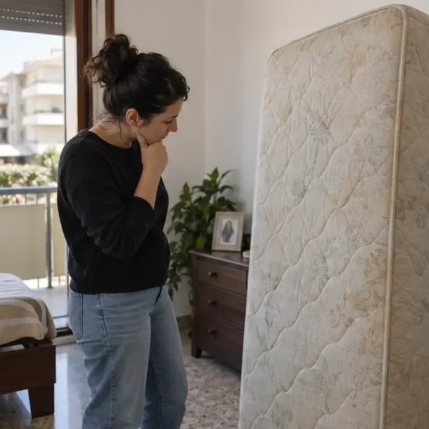Persona che controlla il rivestimento di un materasso appoggiato in verticale in una camera da letto