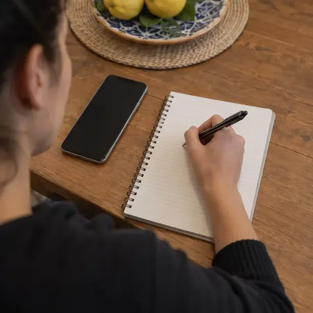 Mano che scrive su un taccuino i dettagli di una richiesta accanto a uno smartphone