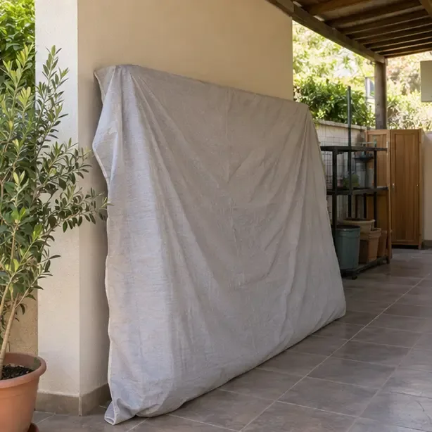 Materasso appoggiato in verticale e protetto da un telo traspirante in uno spazio coperto