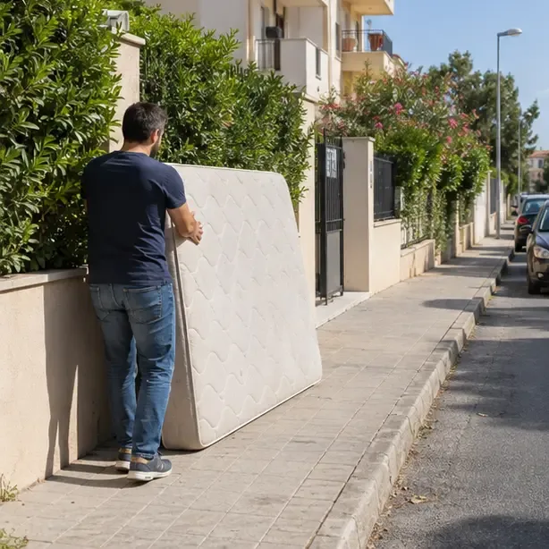 Persona che porta un materasso verso il bordo del marciapiede davanti a un’abitazione