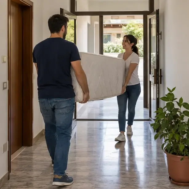 Due persone trasportano con cautela un materasso lungo il corridoio di un edificio