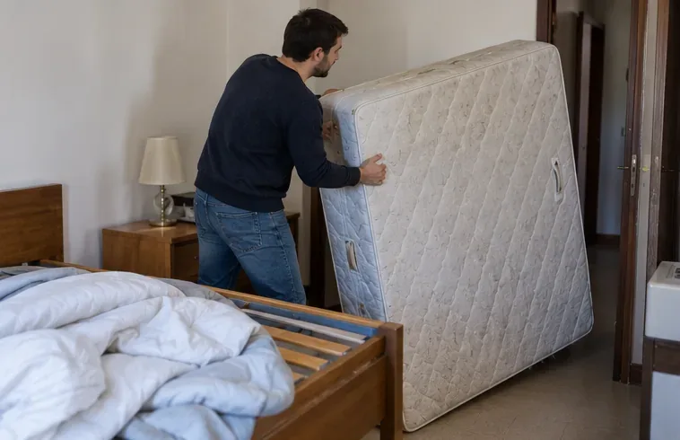 Un uomo solleva un vecchio materasso dalla camera da letto per prepararlo al trasporto