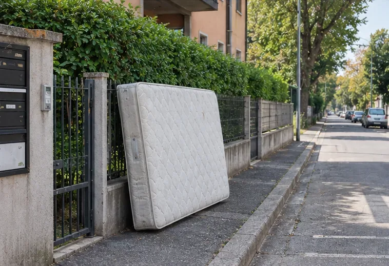 Un materasso appoggiato vicino all'ingresso di una casa sul lato del marciapiede