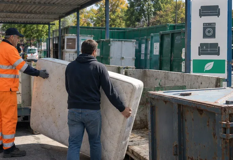 Un cittadino consegna un materasso a un operatore in un centro di raccolta con grandi contenitori