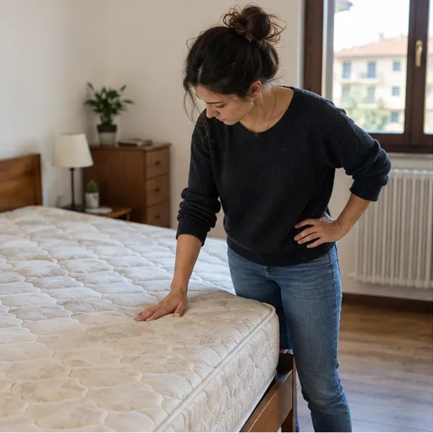 Donna che controlla lo stato di un materasso in una camera da letto prima di decidere se riutilizzarlo o smaltirlo