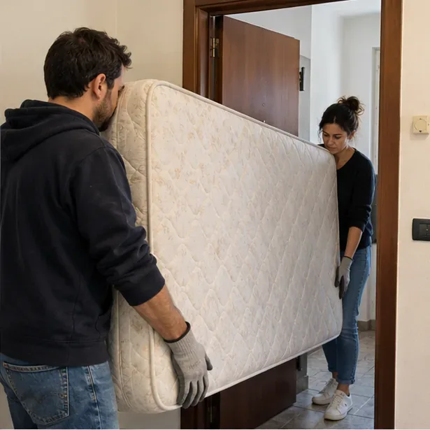 Due persone spostano insieme un materasso attraverso una porta indossando guanti da lavoro