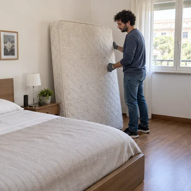 Persona che tiene un materasso matrimoniale in posizione verticale accanto al letto, pronta a spostarlo