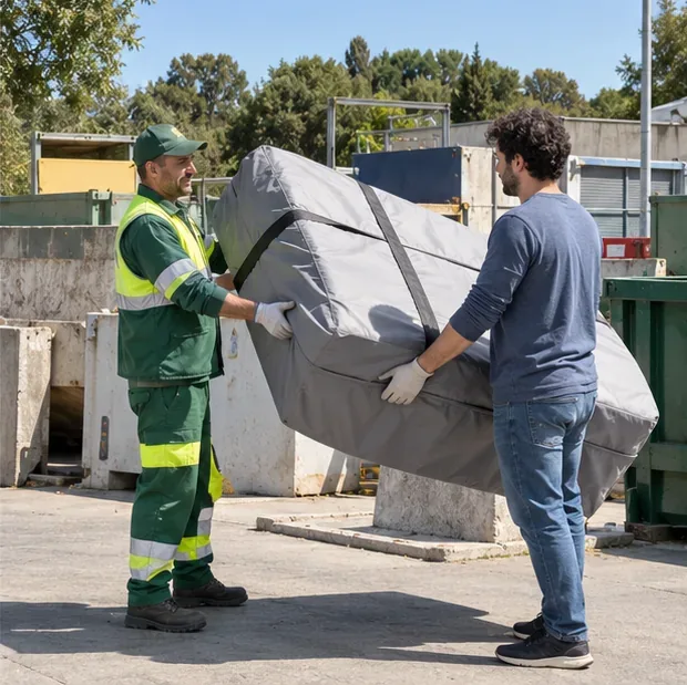 Cittadino e operatore consegnano un materasso coperto in un centro comunale per rifiuti ingombranti